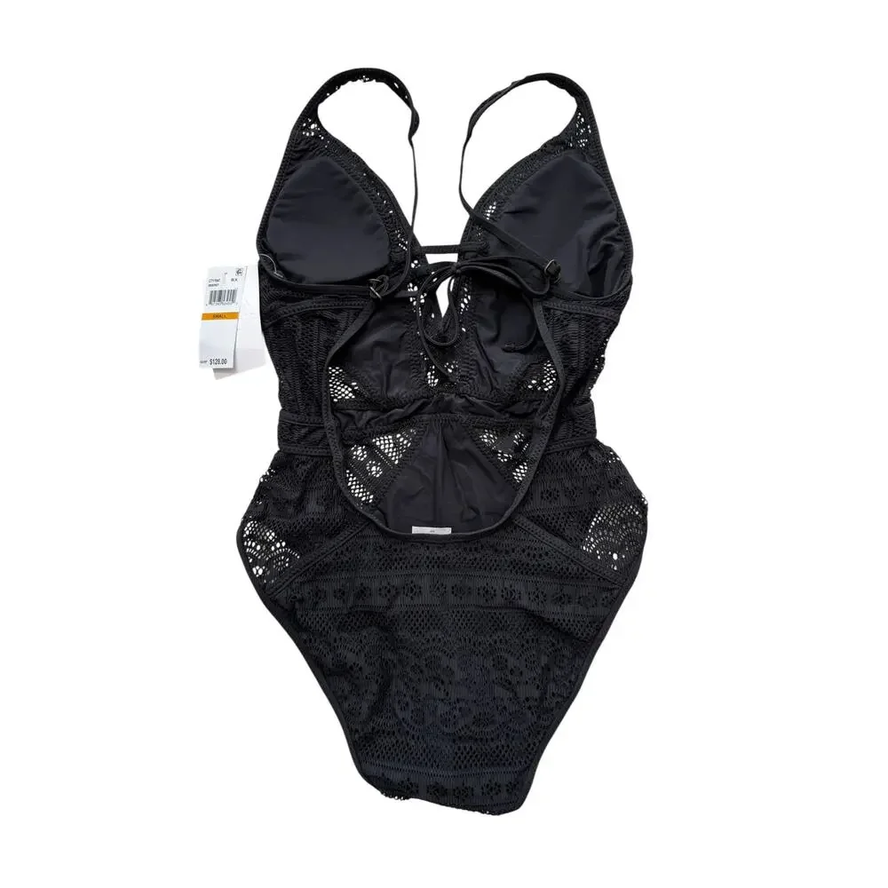 Becca Women's Black Play Crochet Plunge-Neck One-Piece Swimsuit Size L
